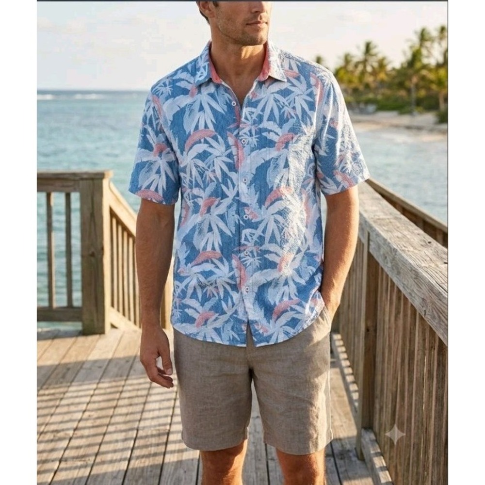 Tommy Bahama Nova Wave Shirt Mens Large Blue Tropical Leaf Cotton Reverse Print - Picture 2 of 11